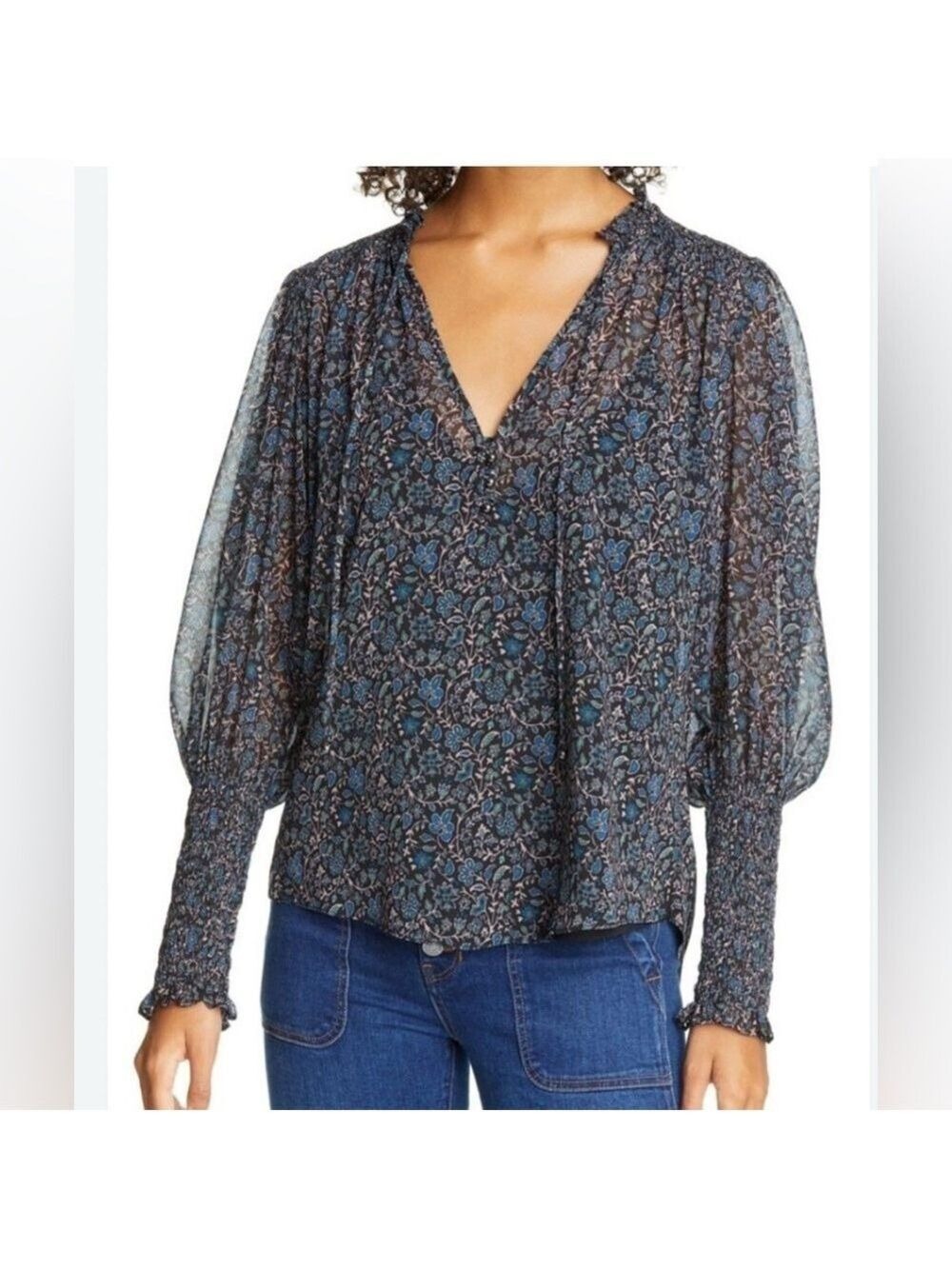 Veronica Beard Black Jax Blouse, Floral V-Neck size 10 - Retail $395